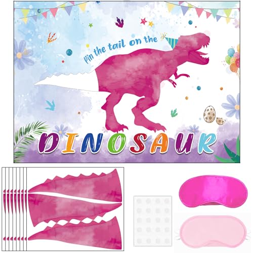 ENTHUR Pin The Tail on The Dinosaurier-Spiel – Dinosaurier-Party-Spiele für Kinder und Mädchen mit 53,3 x 71,1 cm Poster, 24 Stück rosa Schwänze, Partyzubehör für Kinder, Mädchen, von ENTHUR