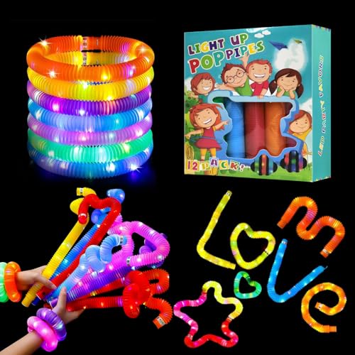 ENUOLI 12 Stück leuchtende Pop-Tubes Leuchtstäbe sensorische Stretch-Tubes Partygeschenke für Kleinkinder elastisches lustiges Stressabbau-Spielzeug LED-Armband Halskette Reise- und Camping-Spielzeug von ENUOLI