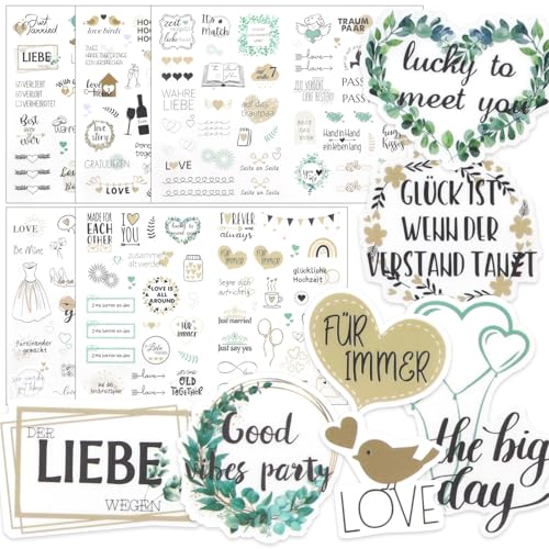 EOAMGO Sticker Gästebuch Hochzeit, 213 Wedding Stickers Set, Fotoalbum Sticker Hochzeit Personalisiert Aufkleber Gestalten ZubehöR, Love Stickers für Scrapbook Hochzeit Gäste Karten Gästebuch Deko von EOAMGO