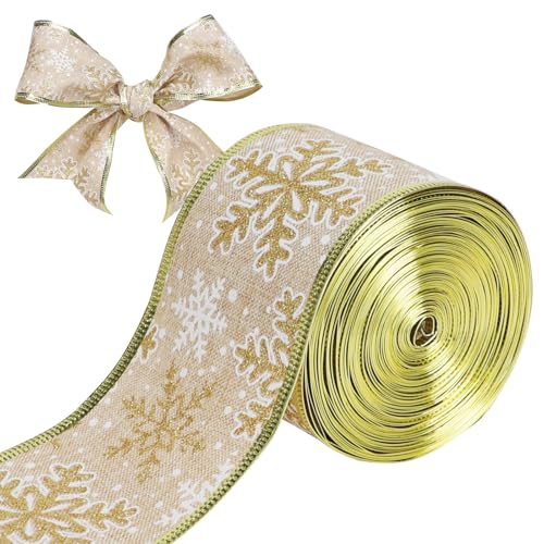 EOAMGO Weihnachtsband, 9 Yards Draht, Weihnachtsband, rotes Weihnachtsband für Baum, dickes Weihnachtsband für Geschenkverpackungen (goldene Schneeflocken) von EOAMGO