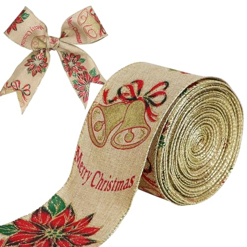 EOAMGO Weihnachtsband, 9 Yards Drahtband, rotes Weihnachtsband für Baum, dickes Weihnachtsband für Geschenkverpackungen (rote Blumenglocken) von EOAMGO