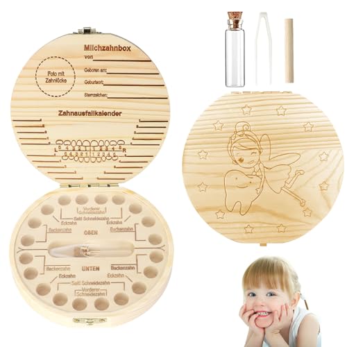 EOAMGO Zahndose Milchzähne Mädchen Jungen, Milchzahndose Mädchen Holz, Zahnbox für Milchzähne Junge Zahnfee Geschenke Mädchen Zahnbox Kinder als Geburtstagsgeschenk (Fee) von EOAMGO