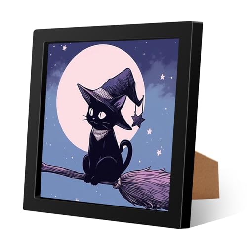 EOBROMD Diamond Painting Die Katze auf dem Besen, Mond Diamond Painting mit Rahmen, 5D Diamant Painting Bilder Nachthimmel, Diamant Painting Bilder Arts Craft für Home Decor Geschenk 18x18cm von EOBROMD