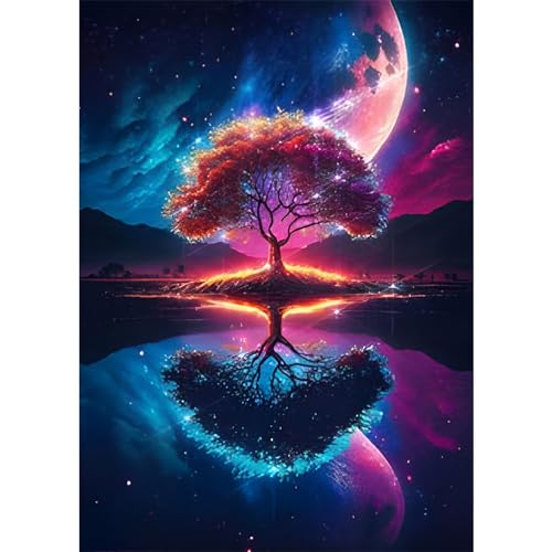 EOBROMD Diamond Painting Erwachsene Baum, 5D Diamant Painting Bilder Erwachsene Spiegelung, DIY Diamond Painting Bilder Diamant Malerei Mond Set für Wanddekoration 30x40cm von EOBROMD