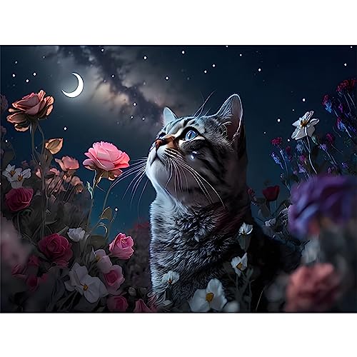 EOBROMD Diamond Painting Erwachsene Katze, 5D Diamant Painting Bilder Erwachsene Blume, DIY Diamond Painting Bilder Diamant Malerei Mond Set für Wanddekoration 30x40cm von EOBROMD