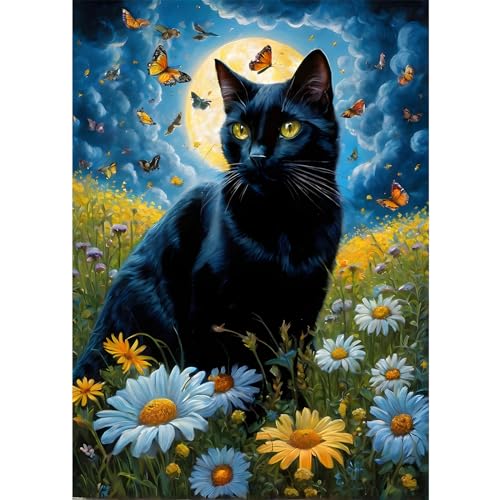 EOBROMD Diamond Painting Erwachsene Katze, 5D Diamant Painting Bilder Erwachsene Blumen, DIY Diamond Painting Bilder Diamant Malerei Mond Set für Wanddekoration 30x40cm von EOBROMD