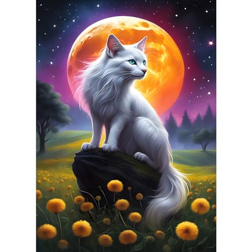 EOBROMD Diamond Painting Erwachsene Katze, 5D Diamant Painting Bilder Erwachsene Mond, DIY Diamond Painting Bilder Diamant Malerei Tiere Set für Wanddekoration 30x40cm von EOBROMD