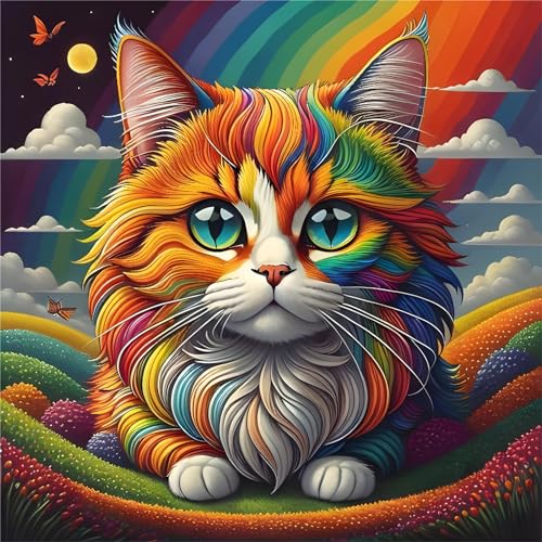 EOBROMD Diamond Painting Erwachsene Katze, 5D Diamant Painting Bilder Erwachsene Regenbogen, DIY Diamond Painting Bilder Diamant Malerei Tiere Set für Wanddekoration 30x30cm von EOBROMD