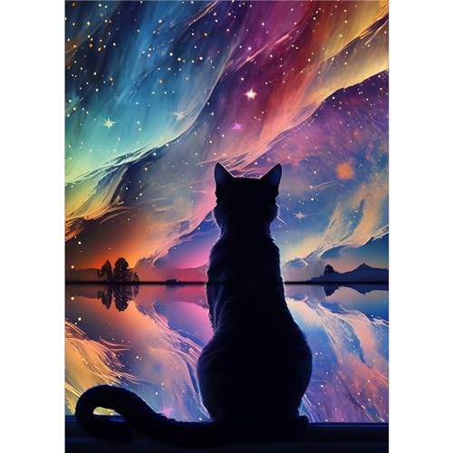 EOBROMD Diamond Painting Erwachsene Katze, 5D Diamant Painting Bilder Erwachsene Sternenhimmel, DIY Diamond Painting Bilder Diamant Malerei Set für Wanddekoration 30x40cm von EOBROMD