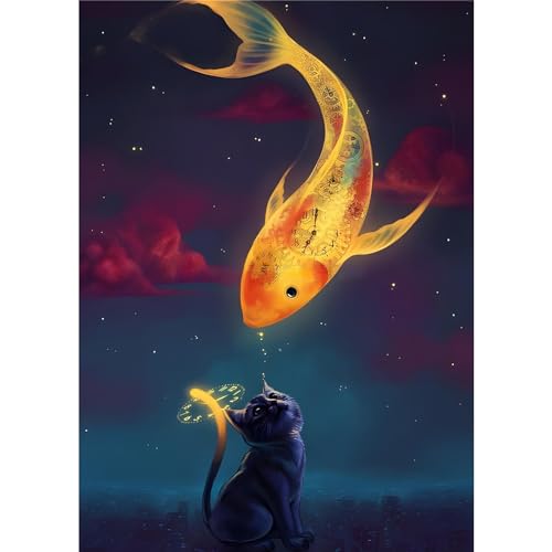 EOBROMD Diamond Painting Erwachsene Katze und Fisch, 5D Diamant Painting Bilder Erwachsene Fantasie, DIY Diamond Painting Bilder Diamant Malerei Set für Wanddekoration 30x40cm von EOBROMD