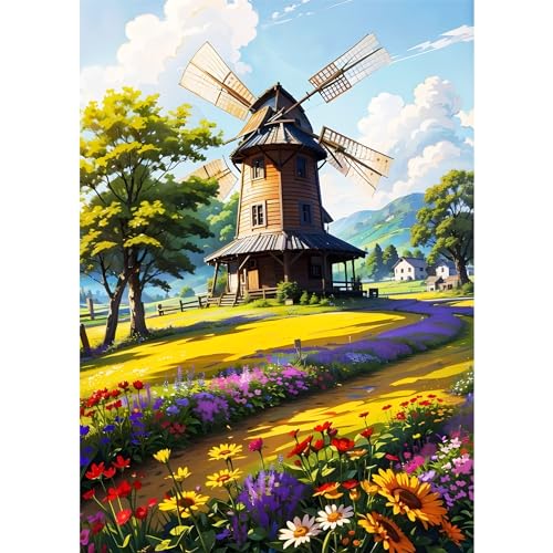 EOBROMD Diamond Painting Erwachsene Windmühlen, 5D Diamant Painting Bilder Erwachsene Blumen, DIY Diamond Painting Bilder Diamant Malerei Landschaften Set für Wanddekoration 30x40cm von EOBROMD