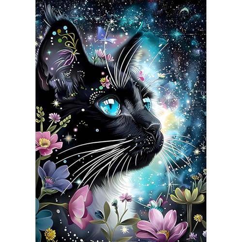 EOBROMD Diamond Painting Schwarze Katze, 5D Diamant Painting Bilder für Erwachsene Blume, DIY Diamant Malerei Set für Wanddekoration 30x40 cm von EOBROMD