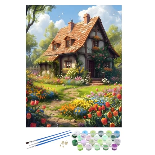 EOBROMD Malen Nach Zahlen Erwachsene Blume, Hütte Paint by Numbers ohne Rahmen, DIY Landschaft Handgemalt Ölgemälde Kit für Anfänger Als Geschenk 40x50cm von EOBROMD