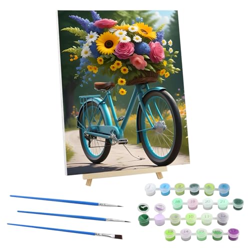 EOBROMD Malen Nach Zahlen Erwachsene Blumen, Fahrrad Malen Nach Zahlen mit Knitterfreie Leinwand, Rahmen und Holzstaffelei, DIY Fahrrad Handgemalt Ölgemälde Kit für Anfänger Als Geschenk 30x40cm von EOBROMD