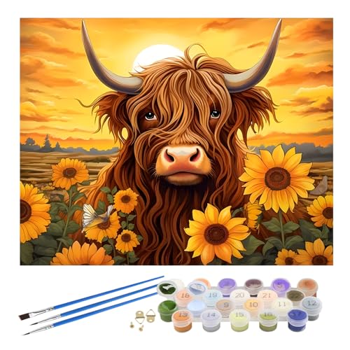 EOBROMD Malen Nach Zahlen Erwachsene Kuh, Sonnenblume Paint by Numbers ohne Rahmen, DIY Tiere Handgemalt Ölgemälde Kit für Anfänger Als Geschenk 40x50cm von EOBROMD