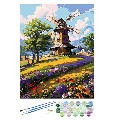 EOBROMD Malen Nach Zahlen Erwachsene Windmühle, Blumen Malen Nach Zahlen Erwachsene ohne Rahmen, DIY Landschaft Handgemalt Ölgemälde Kit für Anfänger Als Geschenk 40x50cm von EOBROMD