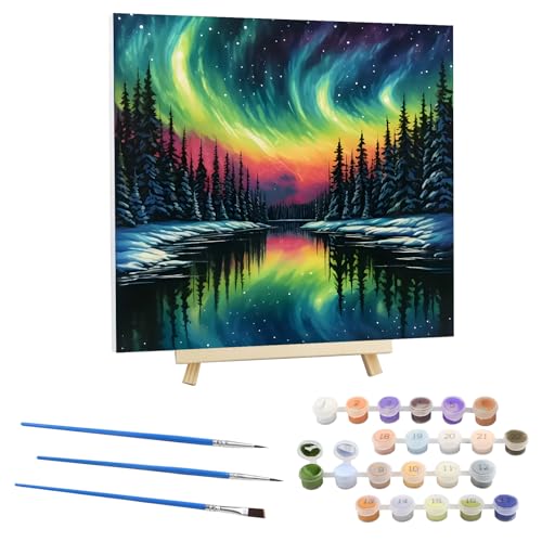 EOBROMD Malen Nach Zahlen Erwachsene mit Rahmen Aurora Borealis, Malen nach Zahlen Faltenfreie Leinwand und Holzstaffelei, DIY Landschaft Handgemalt Ölgemälde Kit für Anfänger Als Geschenk 30x30cm von EOBROMD