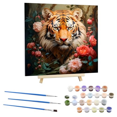 EOBROMD Malen Nach Zahlen Erwachsene mit Rahmen Tiger in Blume, Malen nach Zahlen Faltenfreie Leinwand und Holzstaffelei, DIY Tiere Handgemalt Ölgemälde Kit für Anfänger Als Geschenk 30x30cm von EOBROMD