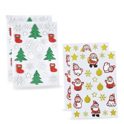 EODKSE Weihnachtssticker: 4 glitzernde, Selbstklebende Blätter mit Schneeflocken, Weihnachtsmann, Schneemann, Weihnachtsbaum & Sternen - ideal für Kinder, Scrapbooking, Fenster & Adventsdeko von EODKSE