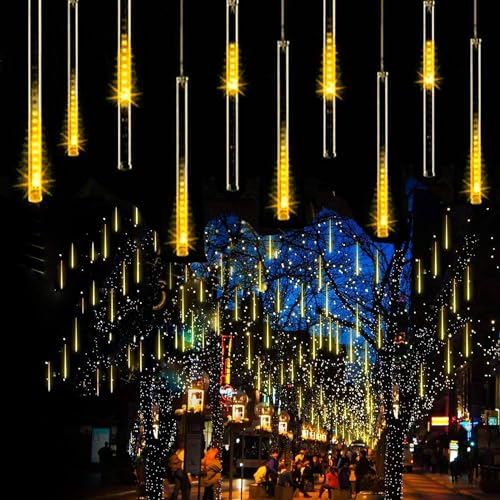 EONANT 2 Stück Meteor Shower Rain Lights, 30cm 8 Röhren 192LED Garten Wasserdicht Falling Rain Lights Weihnachten Hochzeit Party Deck Urlaub Outdoor Dekoration (Warmweiß) von EONANT