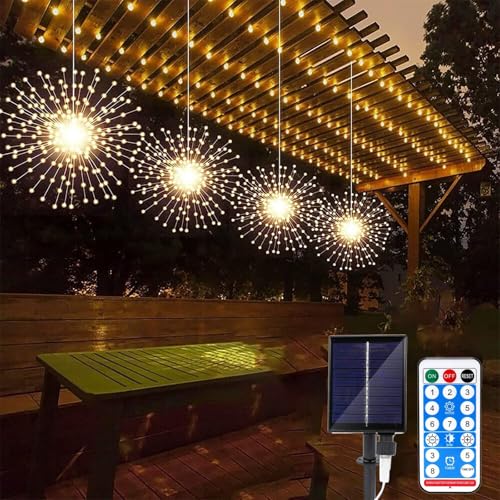 EONANT 4 Kits Solarbetriebene Feuerwerk Lichter, 480LED Wasserdicht Hängende Kupferdraht Feuerwerk Lichterkette 8 Modi Mit Fernbedienung, Garten Party Weihnachten Hochzeit Dekoration (Warm Weiß) von EONANT