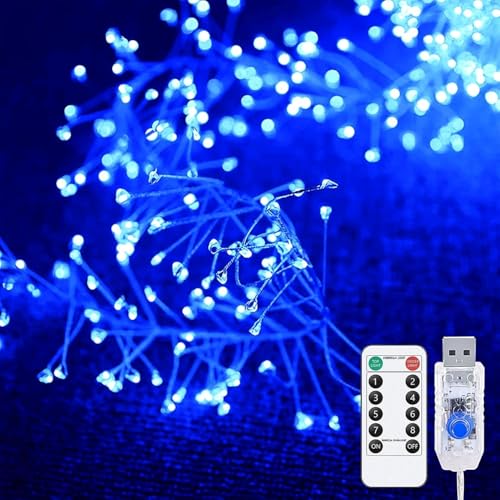 EONANT Fee Lichterkette, USB Feuerwerkskörper Cluster Stern Lichterkette mit Fernbedienung Timer, Schlafzimmer, Garten, Terrasse, Hochzeit, Weihnachten Urlaub Dekoration (Blau, 12M 400LED) von EONANT