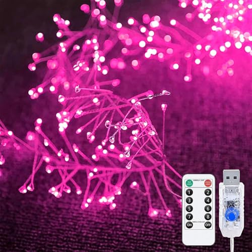 EONANT Fee Lichterkette, USB Feuerwerkskörper Cluster Stern Lichterkette mit Fernbedienung Timer, Schlafzimmer, Garten, Terrasse, Hochzeit, Weihnachten Urlaub Dekoration (Rosa, 9M 300LED) von EONANT