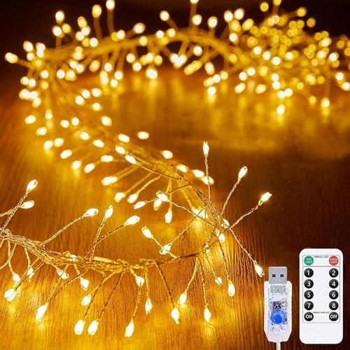 EONANT Fee Lichterkette, USB Feuerwerkskörper Cluster Stern Lichterkette mit Fernbedienung Timer, Schlafzimmer, Garten, Terrasse, Hochzeit, Weihnachten Urlaub Dekoration (Warm Weiß, 12M 400LED) von EONANT