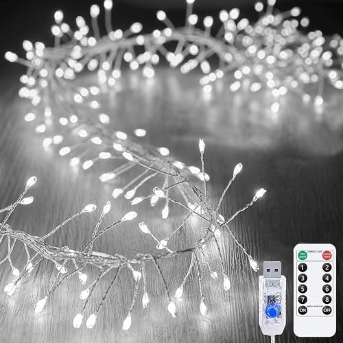 EONANT Fee Lichterkette, USB Feuerwerkskörper Cluster Stern Lichterkette mit Fernbedienung Timer, Schlafzimmer, Garten, Terrasse, Hochzeit, Weihnachten Urlaub Dekoration (Weiß, 12M 400LED) von EONANT