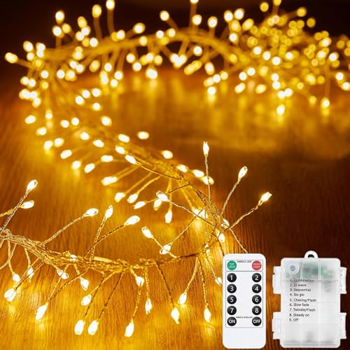 EONANT Feuerwerkskörper Lichterkette,12M 400LED batteriebetriebene wasserdichte Stern Cluster Kupferdraht String Lichter, 8-Modus-Fernbedienung für Weihnachten Schlafzimmer Partei (Warmweiß) von EONANT