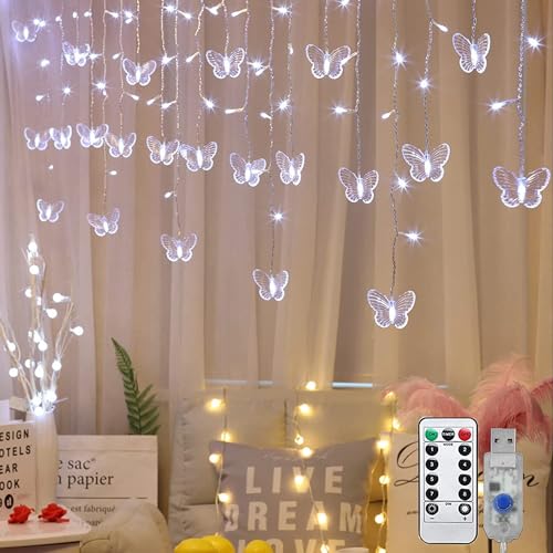 EONANT Schmetterling Vorhang Fairy Lights, 12ft/3.5M Glühwürmchen Twinkle Starlight 96LED8 Modi mit Fernbedienung, Schlafzimmer Patio Weihnachten Hochzeit Party Dekoration (Weiß) von EONANT