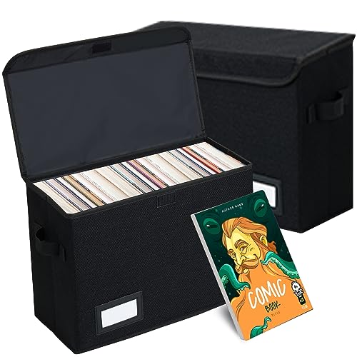 EOOUT 2 x Comic-Buch-Aufbewahrungsboxen, zusammenklappbar, kurze Comic-Box mit Griffen, robuster Comic-Bücher-Behälter-Halter für Home Office (schwarz) von EOOUT