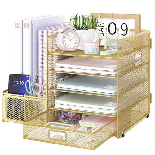 EOOUT Goldene Organizer und Zubehör, 5-stöckige Papier-Briefablage mit Zeitschriftenhalter, Schreibtisch-Organizer mit Schublade für Bürobedarf, Büro-Schreibtischzubehör und Arbeitsplatz (Gold) von EOOUT