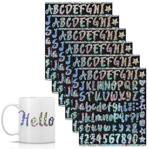 EORTA 6 Blatt Reflektierende Alphabet Zahlen Aufkleber Mini Buchstaben Aufkleber Selbstklebende Glitzer Aufkleber für Epoxidharz Casting Dekoration DIY Handwerk Scrapbook, 2,5 cm von EORTA