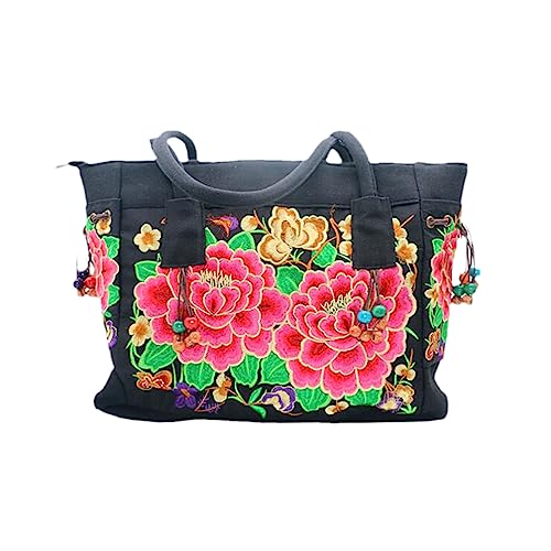 EOTRERANQ Blumenstickerei Frauen ethnische Schultertasche Damen Canvas Handtaschen weibliche Vintage Hand Totes mit Holzperlen(Red Peony) von EOTRERANQ