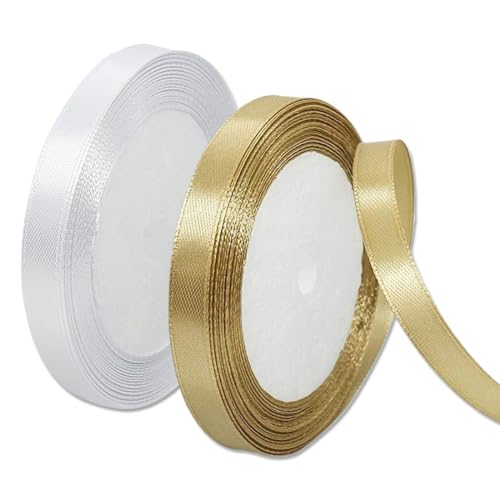 EOUIAV 2 pcs Schleifenband Geschenkband Bänder zum Basteln, Doppelseitig Satinband 10mm, 22 Meters Geschenkband，weiß+Gold, für Hochzeit, Taufe, Blumensträuße, Nähprojekt, und Geburtstag Geschenke von EOUIAV