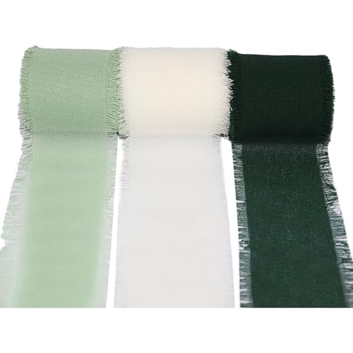 EPLZON Chiffonband, Dunkelgrün, Cremeweiß, Mintgrün 3,8 cm Fringe Chiffon Ribbon, Gemischtes Fransenband-Set, Chiffon-Seidenband für Hochzeitseinladungen, Geschenkverpackung, dekoratives Band, 3 Rolls von EPLZON