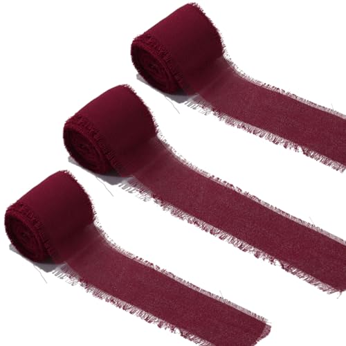 EPLZON Weinrot Chiffonband 3,8 cm Fringe Chiffon Ribbon, Gemischtes Fransenband-Set, Chiffon-Seidenband für Hochzeitseinladungen, Geschenkverpackung, dekoratives Band, 3 Rolls von EPLZON