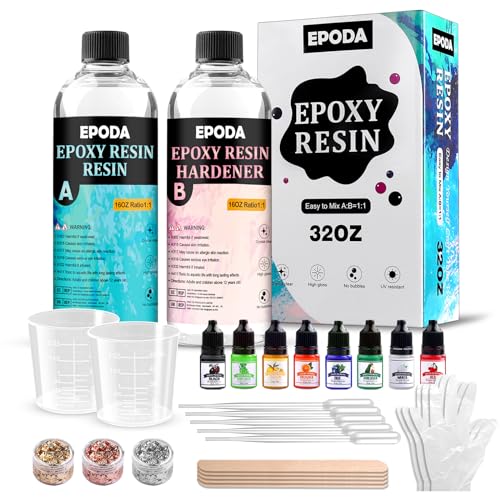 EPODA Epoxidharz mit Härter, Epoxidharz 32oz/946ml, Resin GießHarz 1 Zu 1, Epoxidharz Set Anfänger - Bonus Messbecher, HolzstäBchen, Handschuhe, Farbe, Goldfolie und Tropfpipette von EPODA