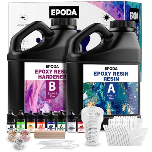 EPODA Epoxidharz Set, 64oz/1.9L Epoxy Resin, Epoxidharz mit Härter, Epoxidharz Set Anfänger - Bonus Messbecher, HolzstäBchen, Handschuhe, Farbe, Goldfolie und Tropfpipette von EPODA