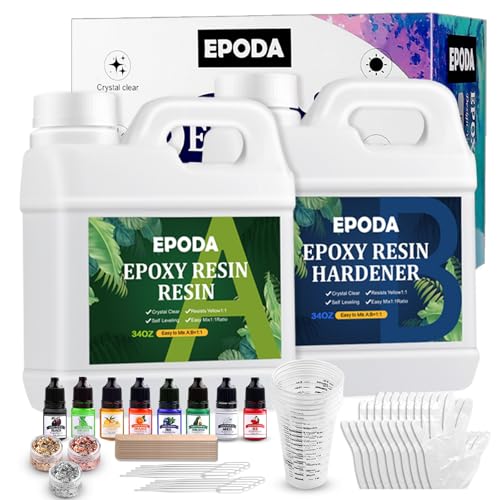 EPODA Epoxy Resin, Epoxidharz mit Härter, Epoxidharz 68oz/2L, Resin GießHarz 1 Zu 1, Epoxidharz Set Anfänger - Bonus Messbecher, HolzstäBchen, Handschuhe, Farbe, Goldfolie und Tropfpipette von EPODA