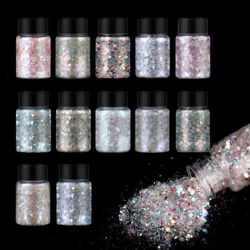 EPODA Glitzer Basteln, 12 X 19g Glitzerpulver, Epoxidharz Glitzer Flocken, Glitzerpulver Zum Basteln, Epoxidharz Glitzer, Glitter Weiß Basteln von EPODA