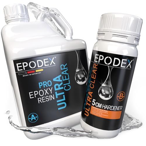 EPODEX Epoxidharz Set PRO+ | Kristallklares Epoxy Resin für Gießhöhen bis 5cm | Gießharz Set ohne oder mit Farbstoffen | Für River-Tische, Lampen, Projekte mit hohen Form- und Gussteilen, usw von EPODEX