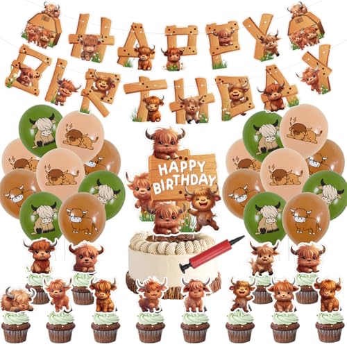 33pcs Hochlandrind Geburtstag Dekorationen Highland Cow Luftballons Party Deko,Hochland Kuh Happy Birthday Banner Hochlandrind Kuchen Topper Cupcake Topper für Kindergeburtstag Dekoration von EPXOIQC