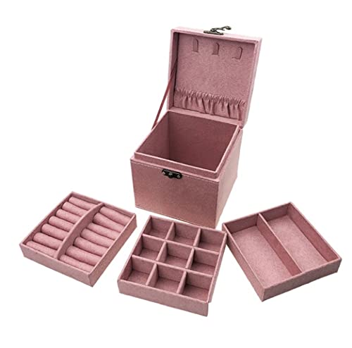 EQEQE Organizer-Box, Reise-Schmuckkästchen, Schmuckkästchen, europäische tragbare Holz-Schmuckschatulle, Halskette, Armband, Ohrringe, Aufbewahrungsbox, 3-lagig(Roze) von EQEQE