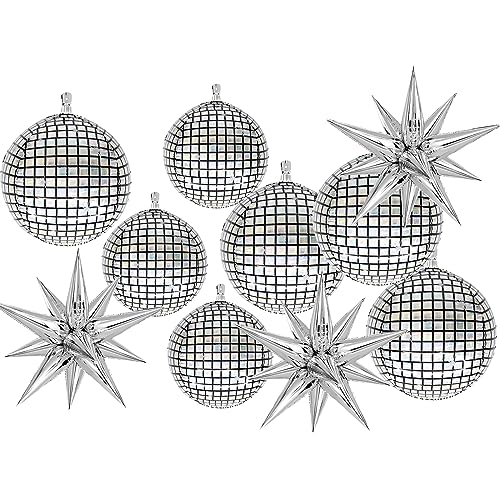 4D Disco folien luftballons 10 Pcs Set, 4-teilige 22-Zoll-aufblasbare Disco-Ballons 3-teilige 18-Zoll-Folie-Disco-Ballons und 3-teilige silberne Stern-Ballons Deko für 70s80s90s Disco-Party Hochzeit von EQLEF