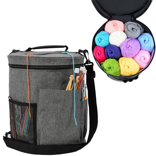 Stricktasche Aufbewahrung, Häkeltasche Aufbewahrung Handarbeitstasche Groß Portable Tasche Wolle Aufbewahrung für Wolle Häkeltasche Groß für Wolle, Stricknadeln Zubehör (Grau) von EQLEF