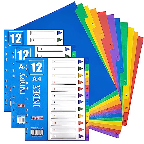 Trennblätter für Ordner A4, 12 Teil Register für Ordner A4 Trennstreifen für Ordner A4 Aktenordner Trennblätter A4 Trenner für Ordner mit Multi Loch Gestanzt für Home School/Professional Use (3-Pack) von EQLEF