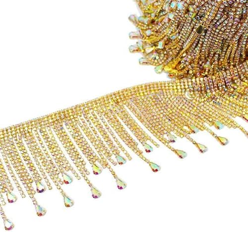 Fransenbesatz, 2 Yards DIY Teardrop Strass Quasten Metall Kette Kristall Gold AB Fringe Tanzen Kleid Shinning Trimmen Strass(Ab Gold) von EQQHJL