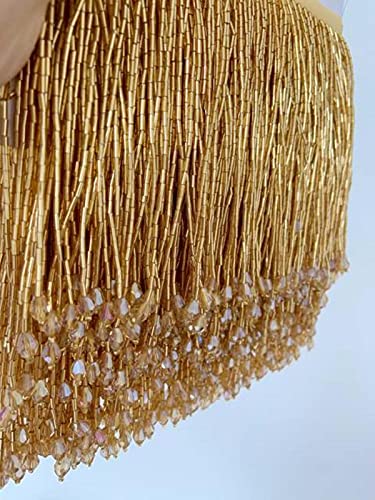 Fransenbesatz,1/10 Yards Roségoldfarbener schwerer Perlenfransenbesatz mit Quaste for Tanzkostüme, Haute Couture-Kleiderbesatz, Perlenfransen(Gold,1 yard) von EQQHJL